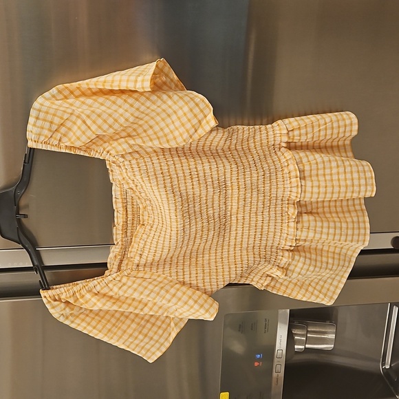 💕SKIES ARE BLUE💕 Checkered Smocked Top Yellow Mustard Gingham Print Large NWT - Picture 10 of 16